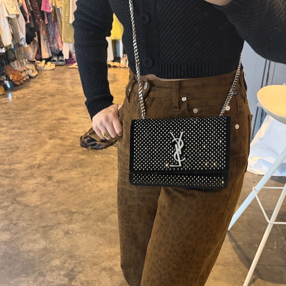 Saint Laurent Black Velvet Crossbody Bag with Crystal Accents - Picture 10 of 10